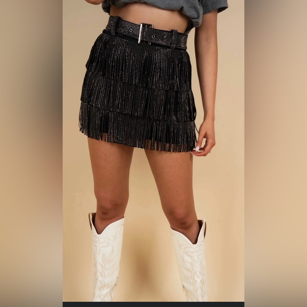 Blushing Brunette Eye Catcher Fringe Skirt